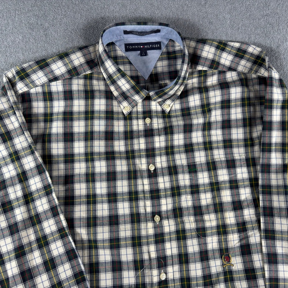 Vintage Tommy Hilfiger Button Down Shirt Men's L Green Plaid Long Sleeve NEW